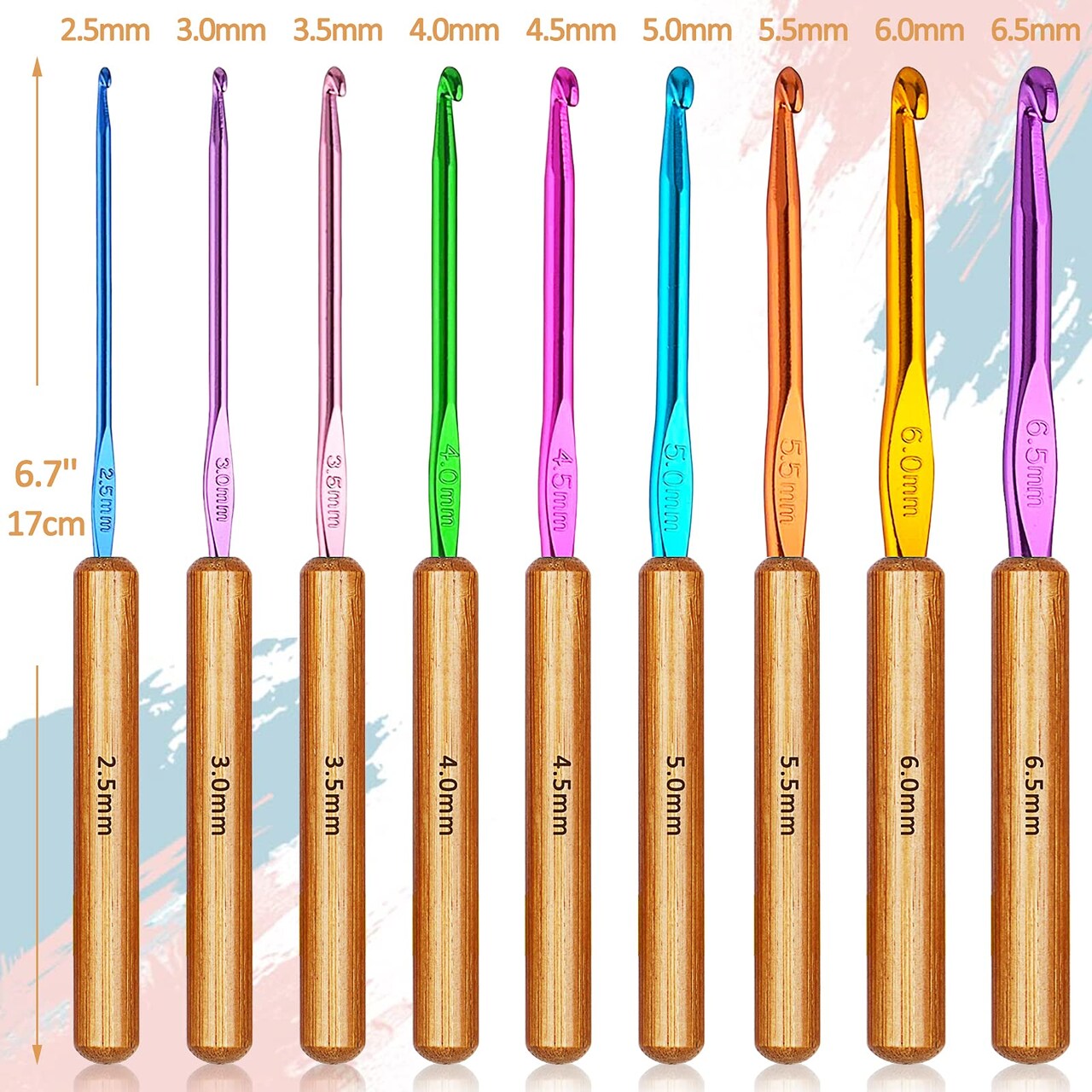 Bamboo Crochet Hooks Comfort Grip, 6.7" Crochet Kit Longer Aluminum Shaft Crochet Needles for Crocheting, Ergonomic Knitting Hooks Set for Crochet Yarn Craft, Premium Knitting Crochet Supplies